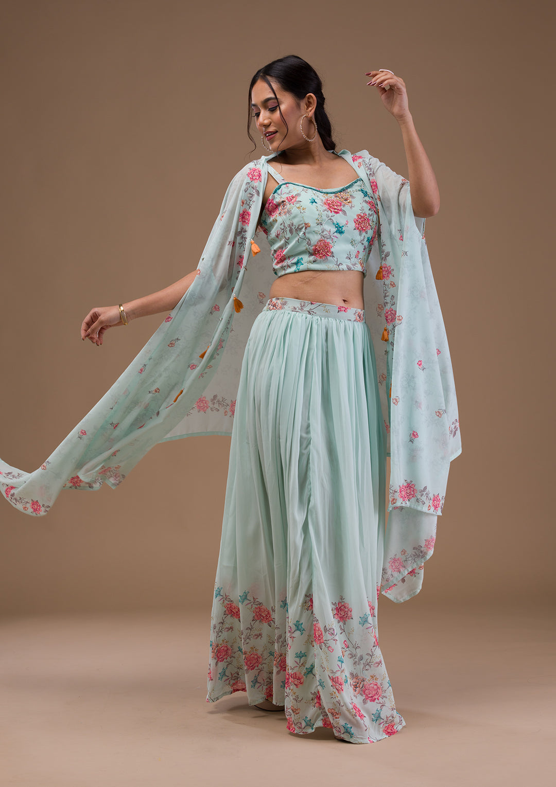 Sea Green Printed Georgette Readymade Lehenga