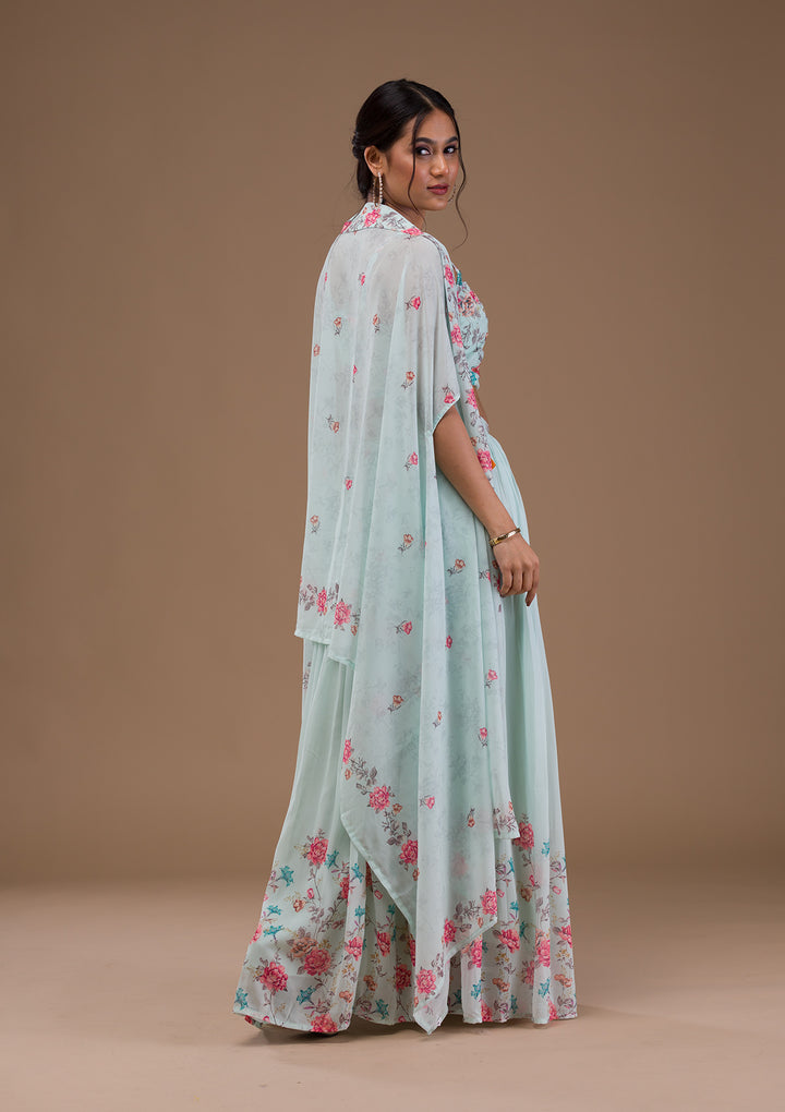 Sea Green Printed Georgette Readymade Lehenga