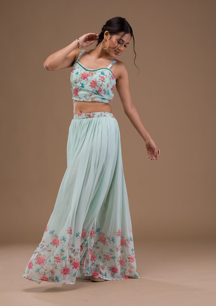 Sea Green Printed Georgette Readymade Lehenga
