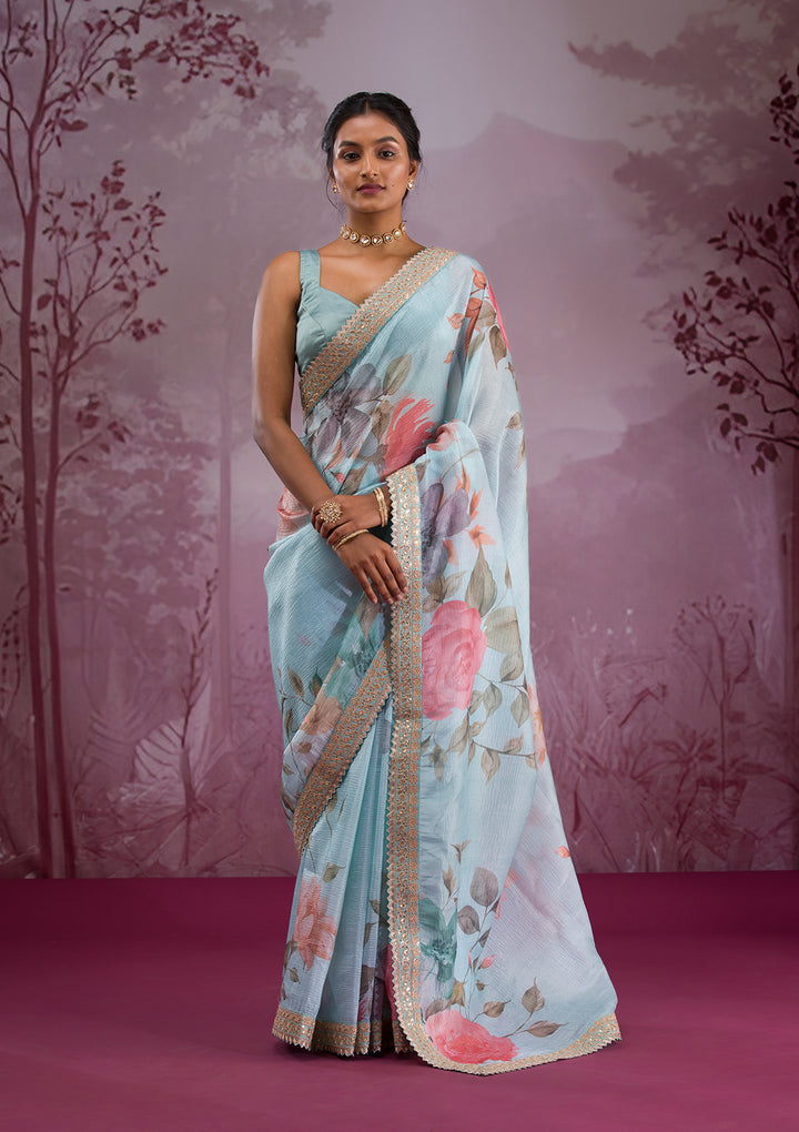 Sea Green Printed Georgette Saree