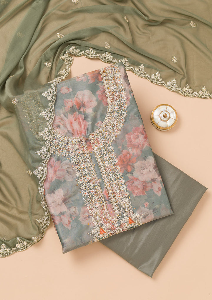 Sea Green Printed Organza Unstitched Salwar Suit