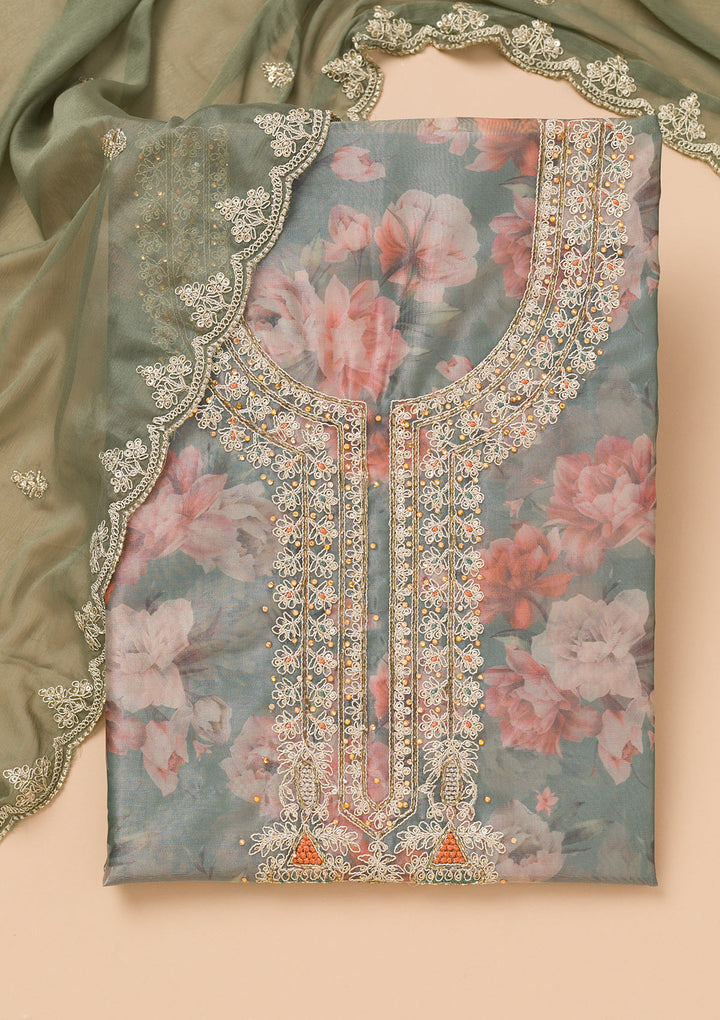 Sea Green Printed Organza Unstitched Salwar Suit