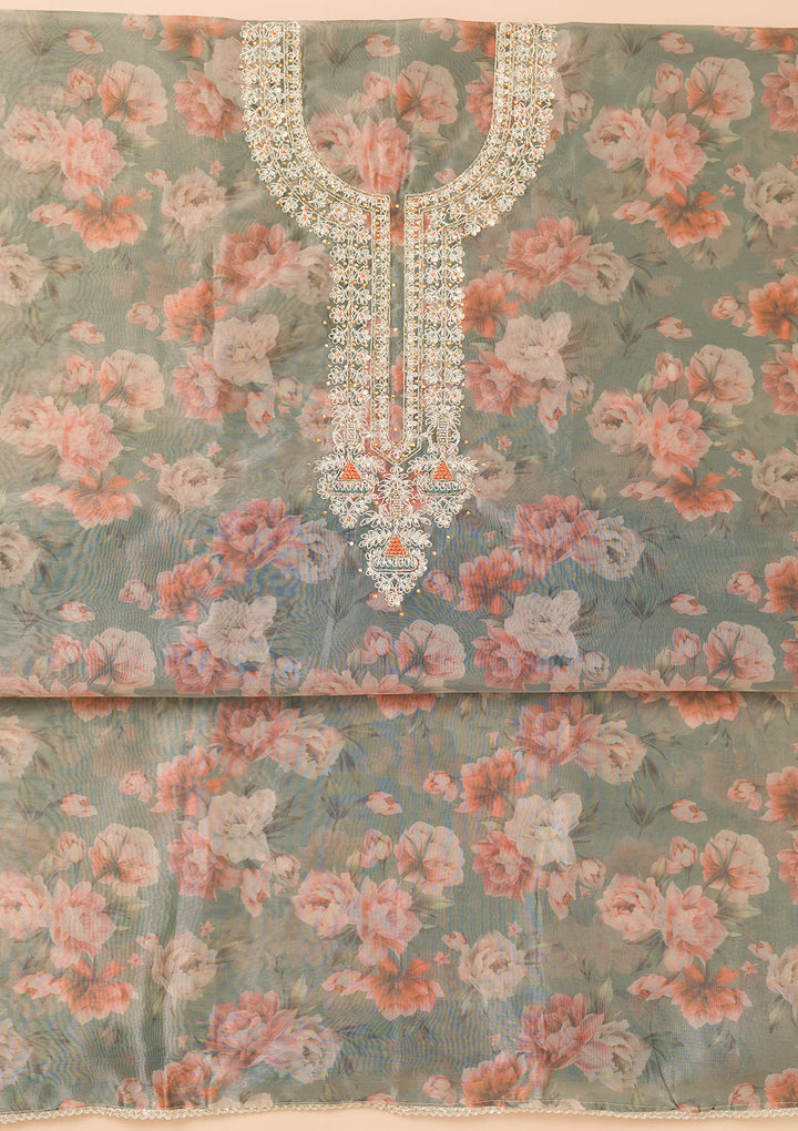 Sea Green Printed Organza Unstitched Salwar Suit