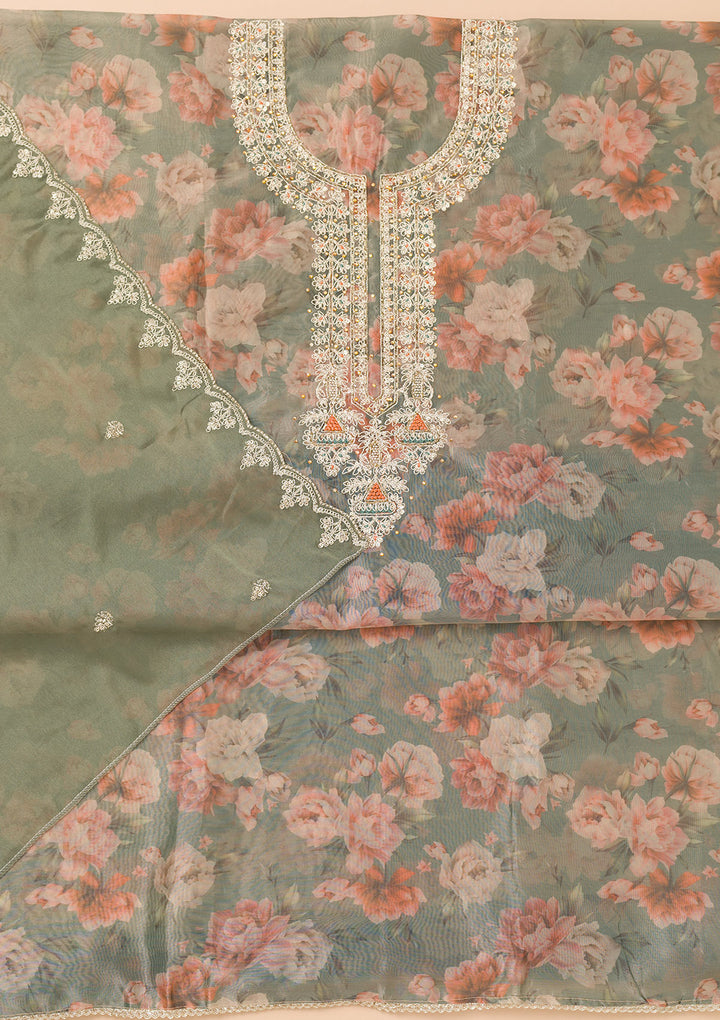 Sea Green Printed Organza Unstitched Salwar Suit