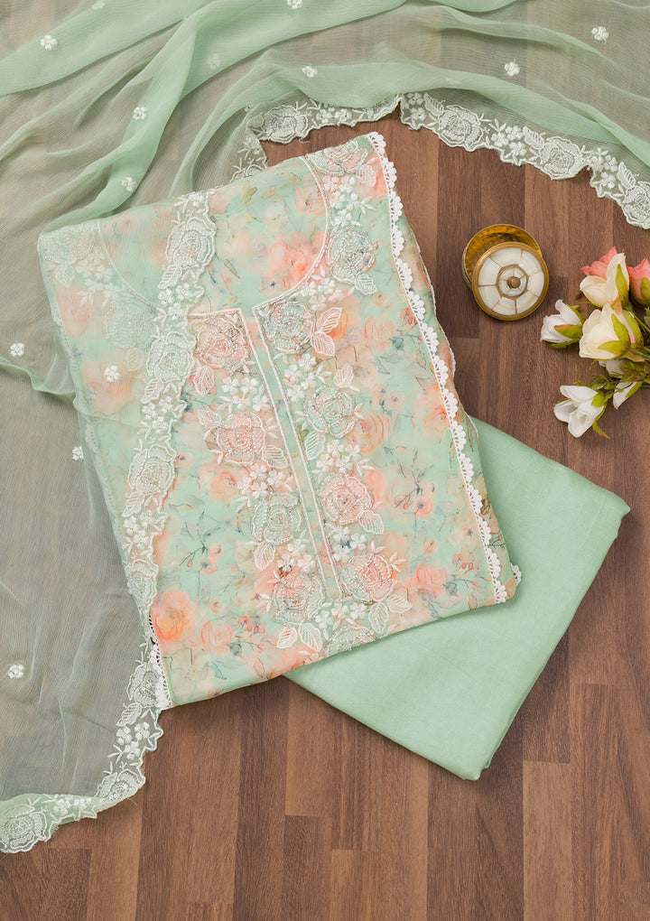 Sea Green Printed Organza Unstitched Salwar Suit