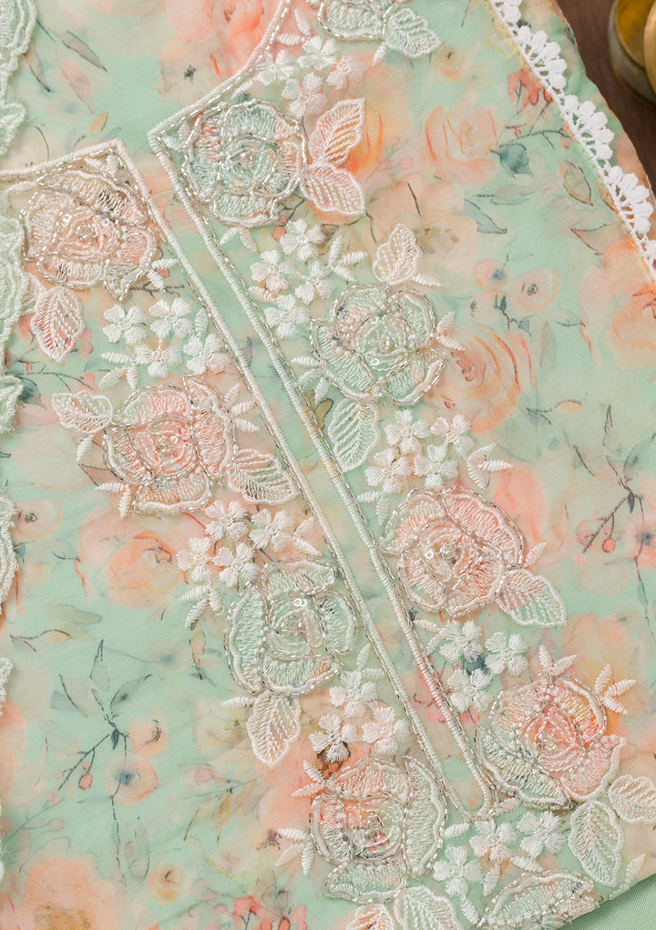 Sea Green Printed Organza Unstitched Salwar Suit