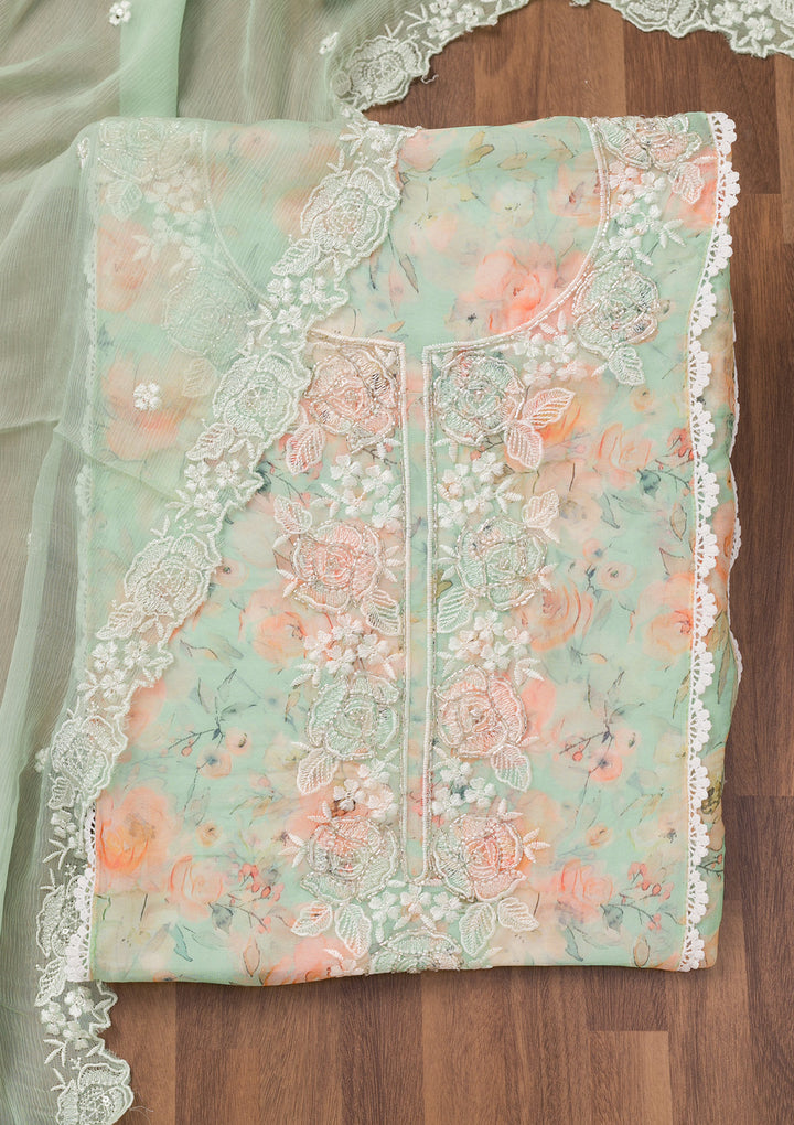 Sea Green Printed Organza Unstitched Salwar Suit