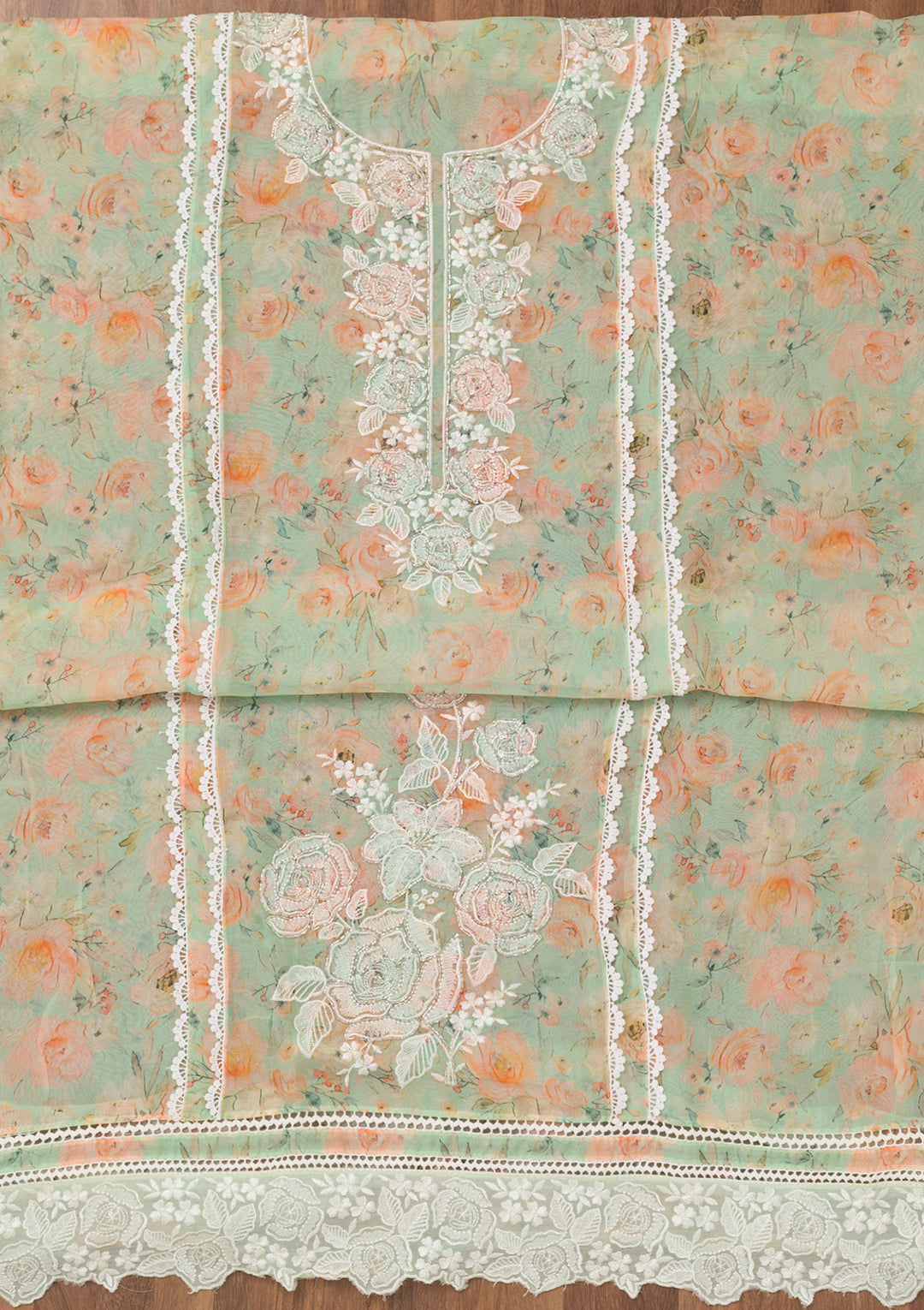 Sea Green Printed Organza Unstitched Salwar Suit