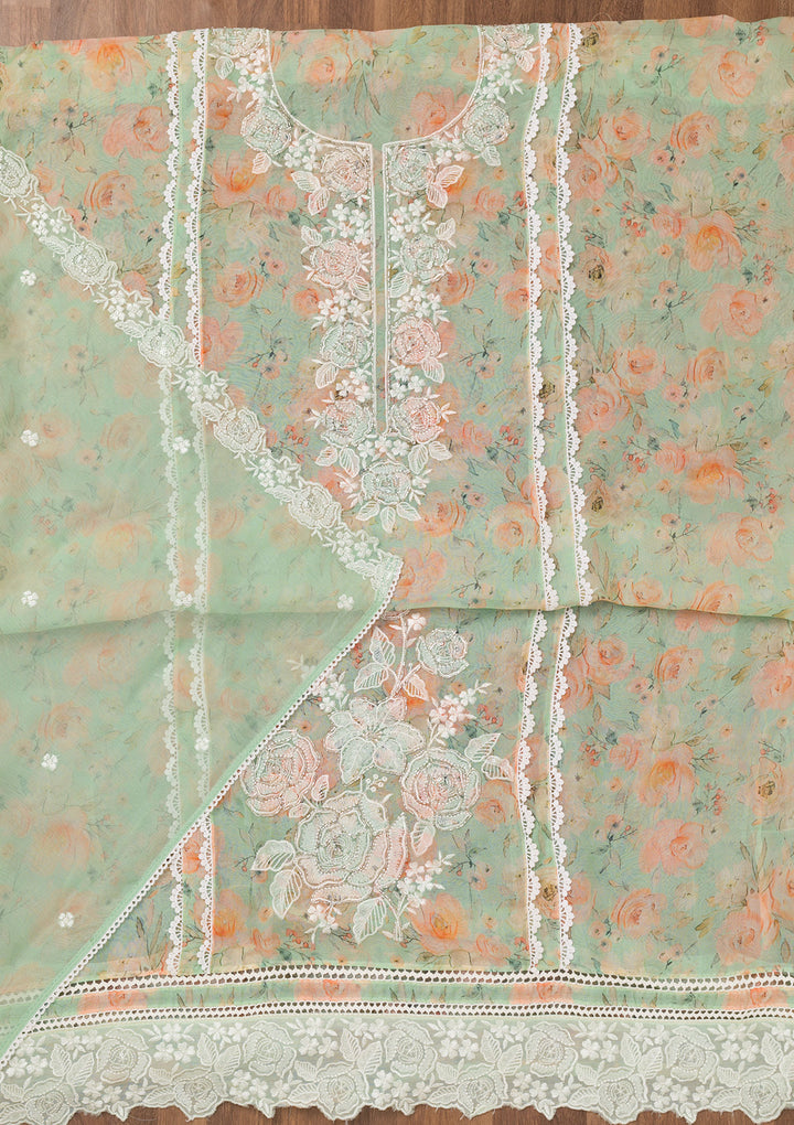 Sea Green Printed Organza Unstitched Salwar Suit