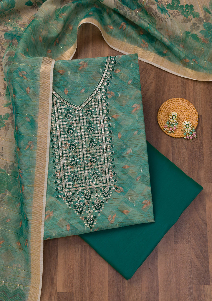 Sea Green Printed Raw Silk Unstitched Salwar Suit