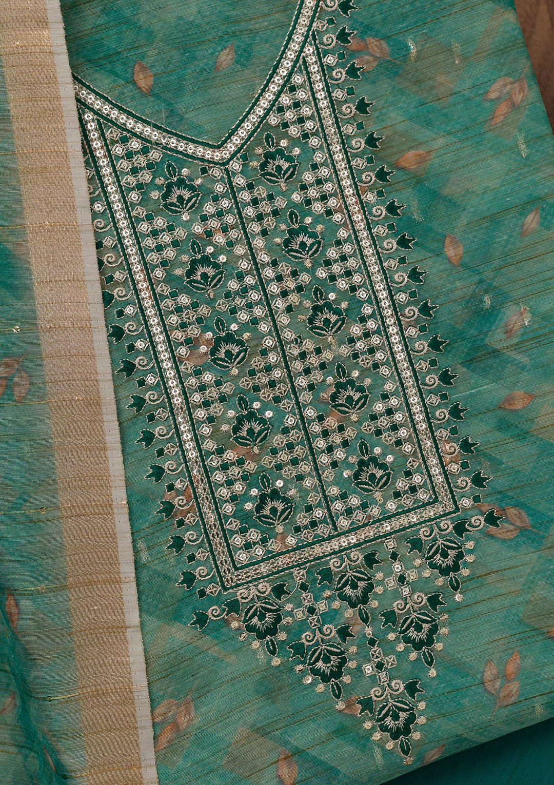 Sea Green Printed Raw Silk Unstitched Salwar Suit