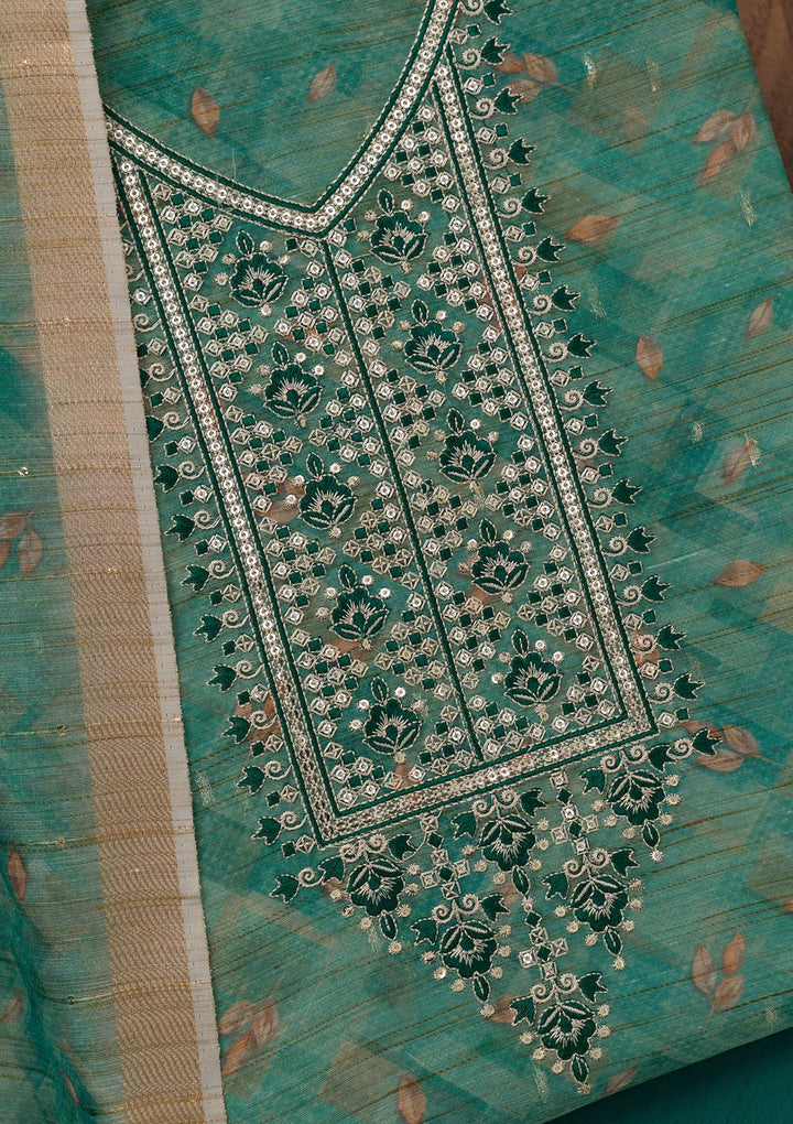 Sea Green Printed Raw Silk Unstitched Salwar Suit