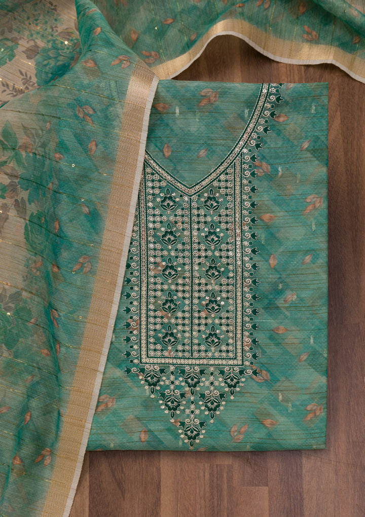 Sea Green Printed Raw Silk Unstitched Salwar Suit