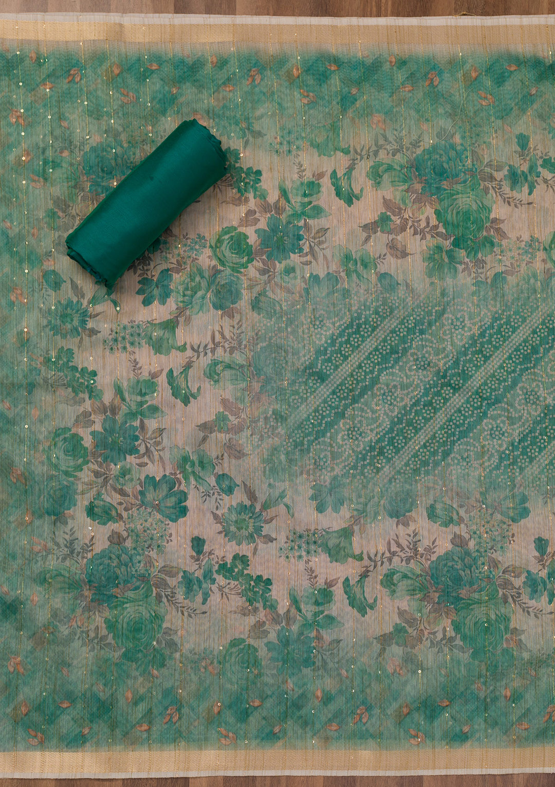 Sea Green Printed Raw Silk Unstitched Salwar Suit