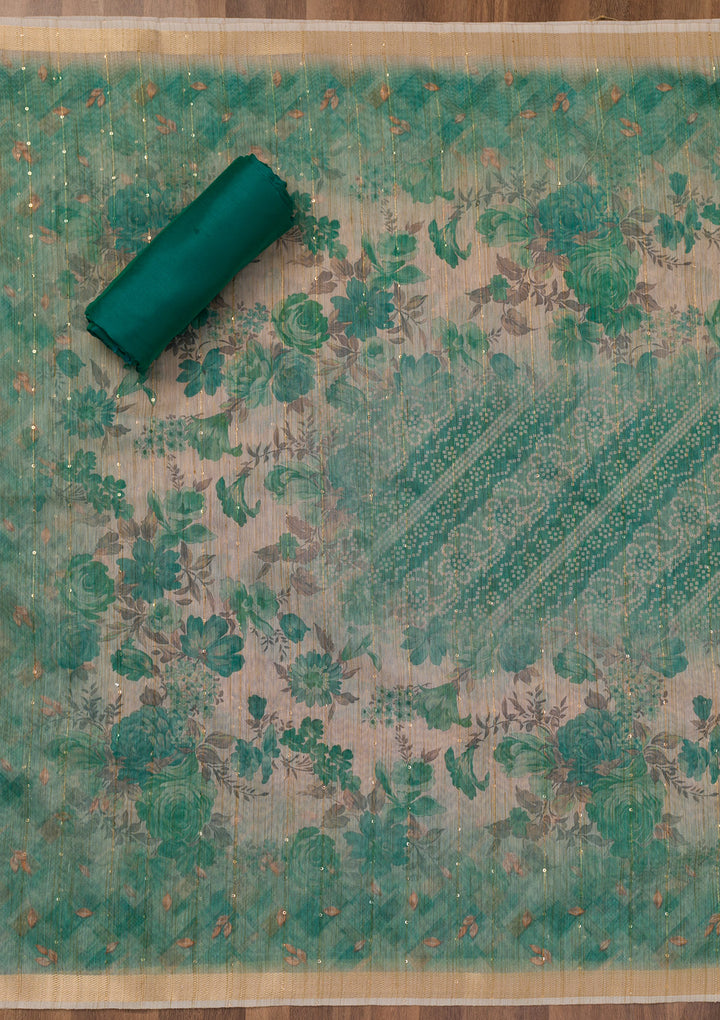 Sea Green Printed Raw Silk Unstitched Salwar Suit