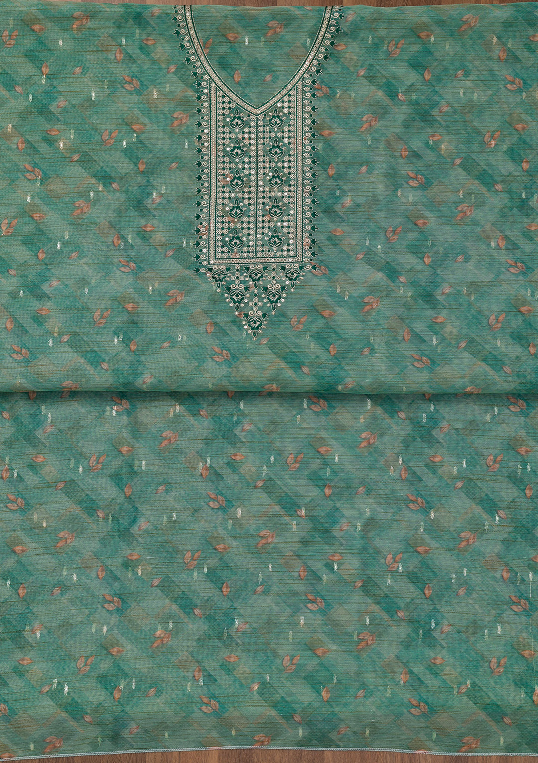 Sea Green Printed Raw Silk Unstitched Salwar Suit