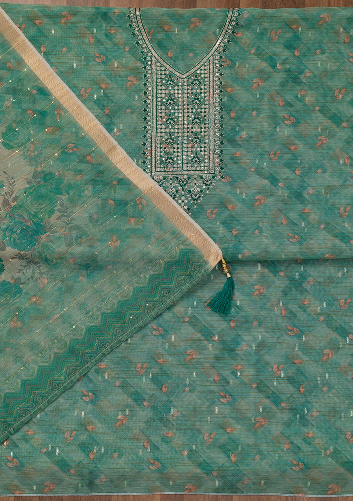 Sea Green Printed Raw Silk Unstitched Salwar Suit