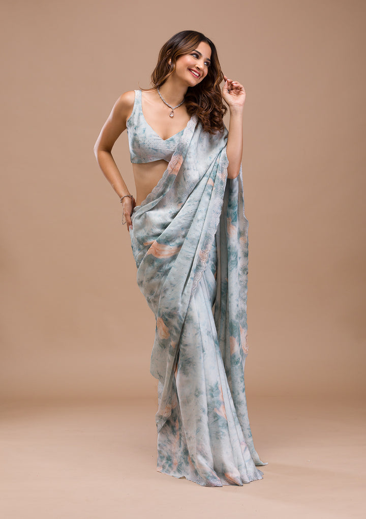 Sea Green Printed Satin Saree