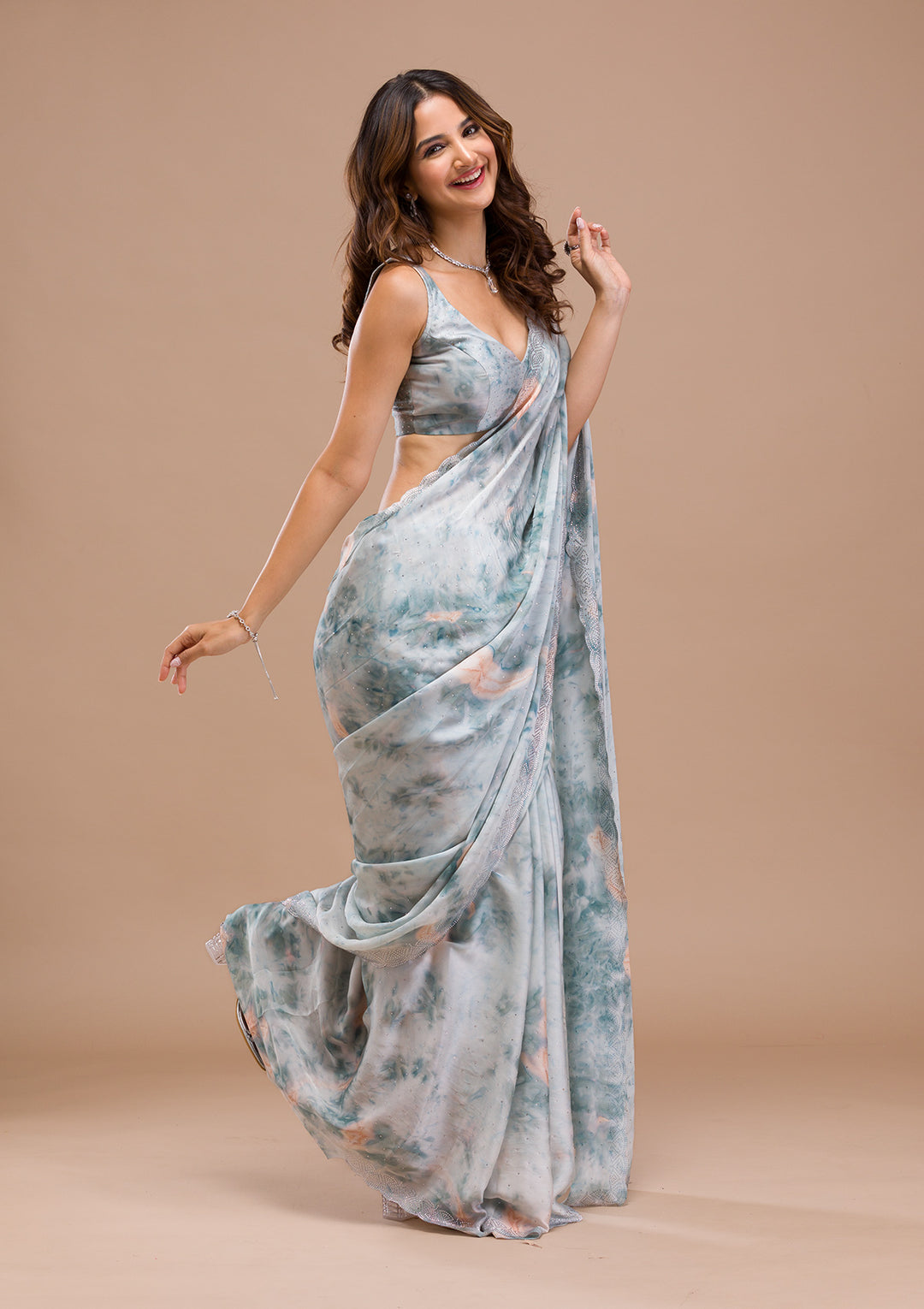 Sea Green Printed Satin Saree