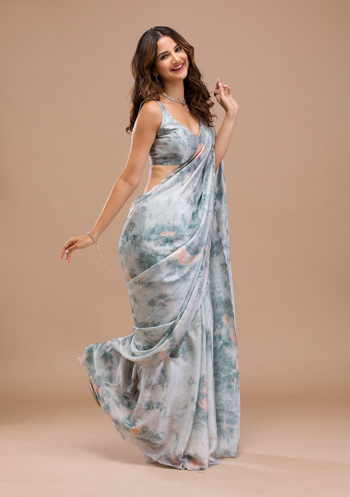Sea Green Printed Satin Saree