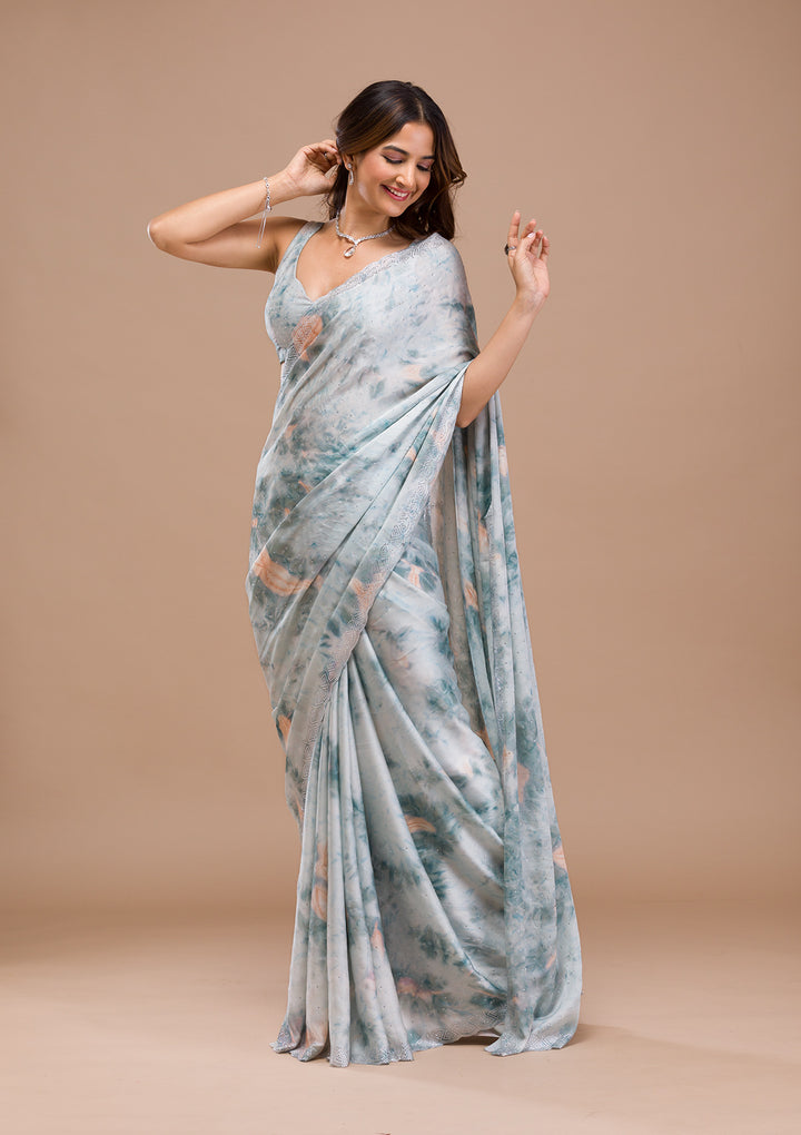 Sea Green Printed Satin Saree