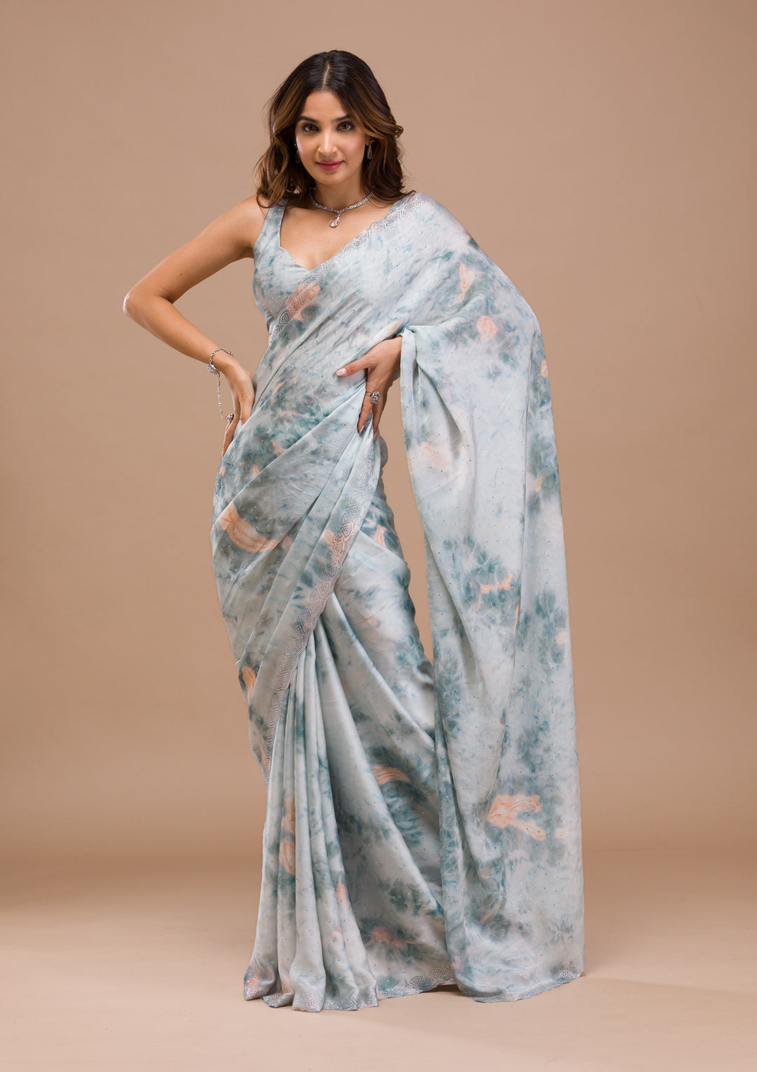 Sea Green Printed Satin Saree