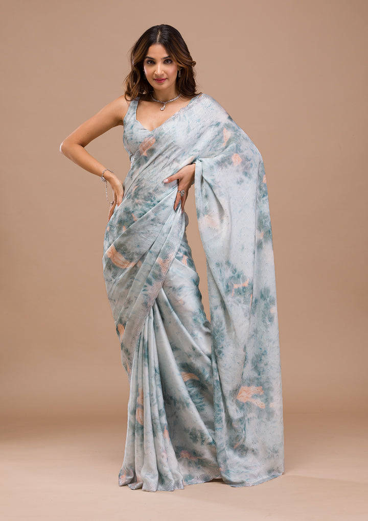 Sea Green Printed Satin Saree