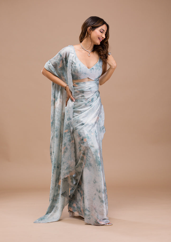 Sea Green Printed Satin Saree