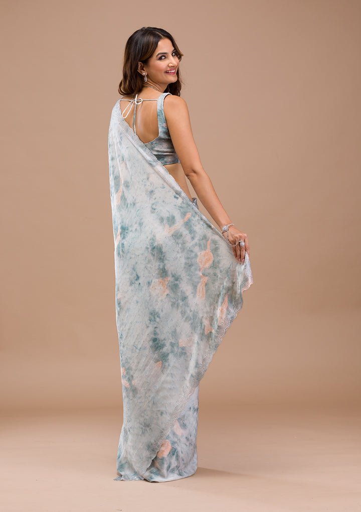 Sea Green Printed Satin Saree
