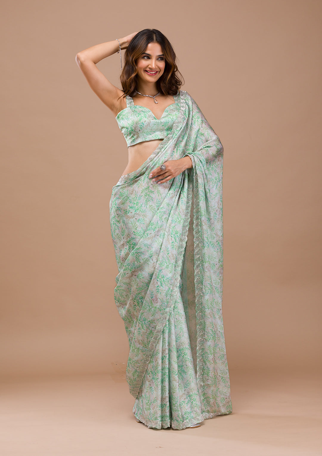 Sea Green Printed Satin Saree