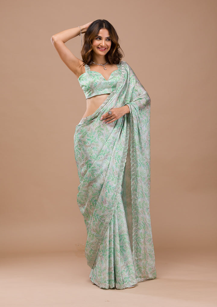 Sea Green Printed Satin Saree