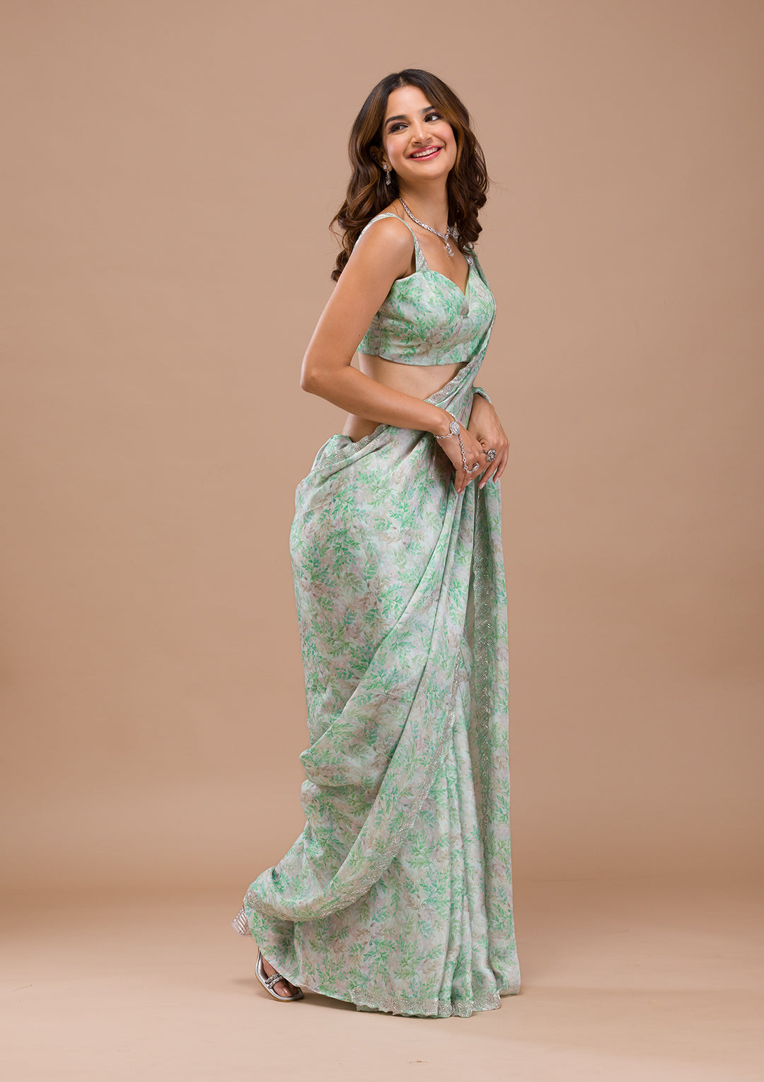 Sea Green Printed Satin Saree