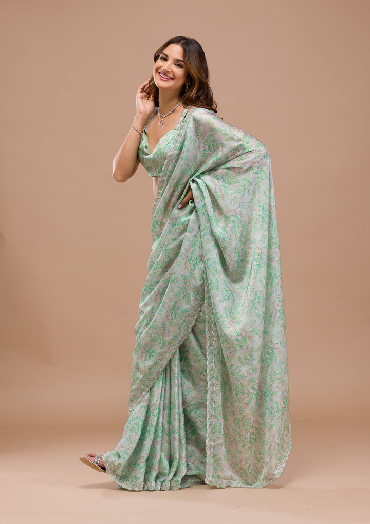 Sea Green Printed Satin Saree