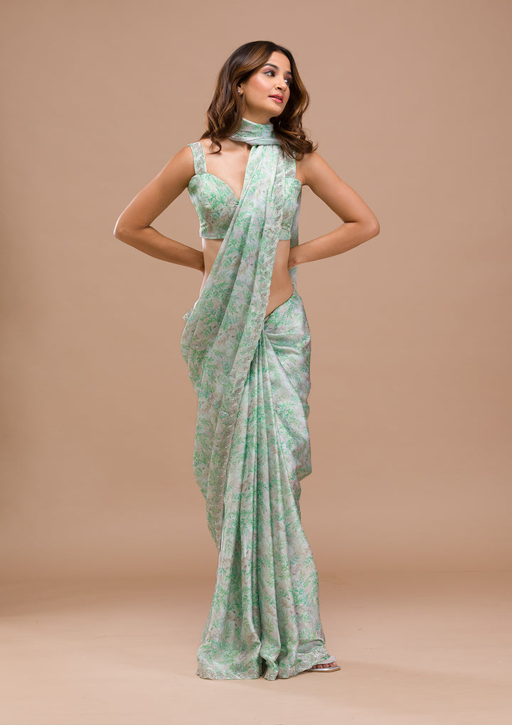 Sea Green Printed Satin Saree