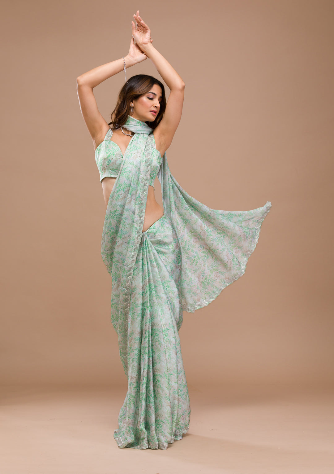 Sea Green Printed Satin Saree
