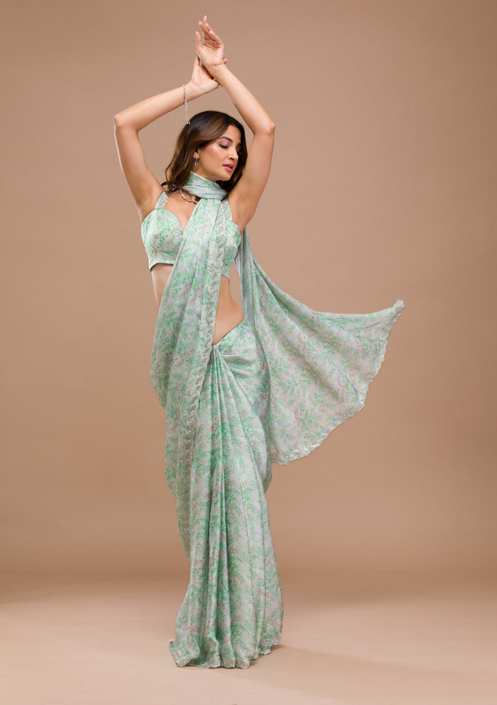 Sea Green Printed Satin Saree