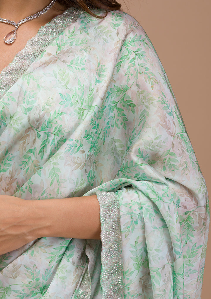 Sea Green Printed Satin Saree