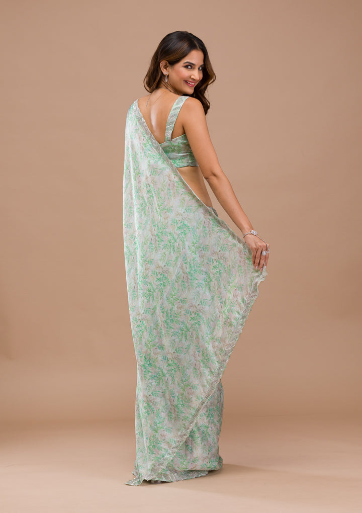 Sea Green Printed Satin Saree