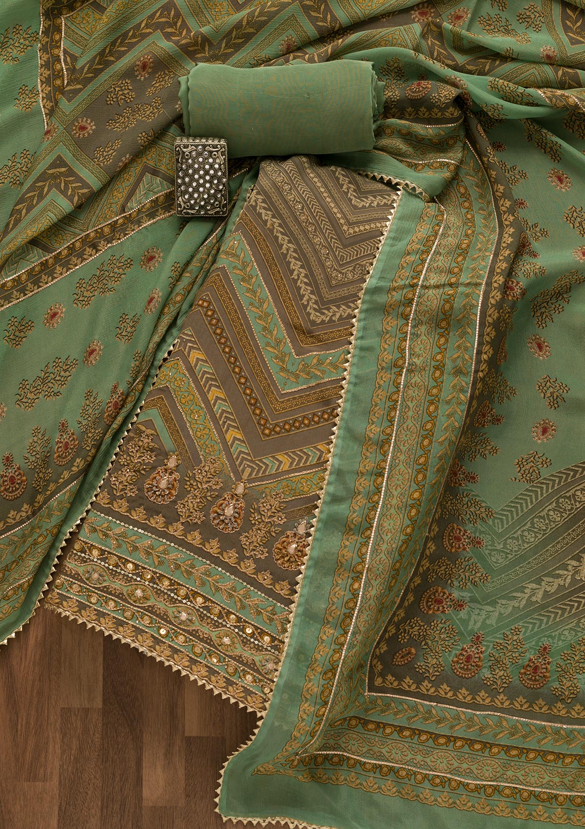 Sea Green Printed Crepe Unstitched Salwar Suit-Koskii