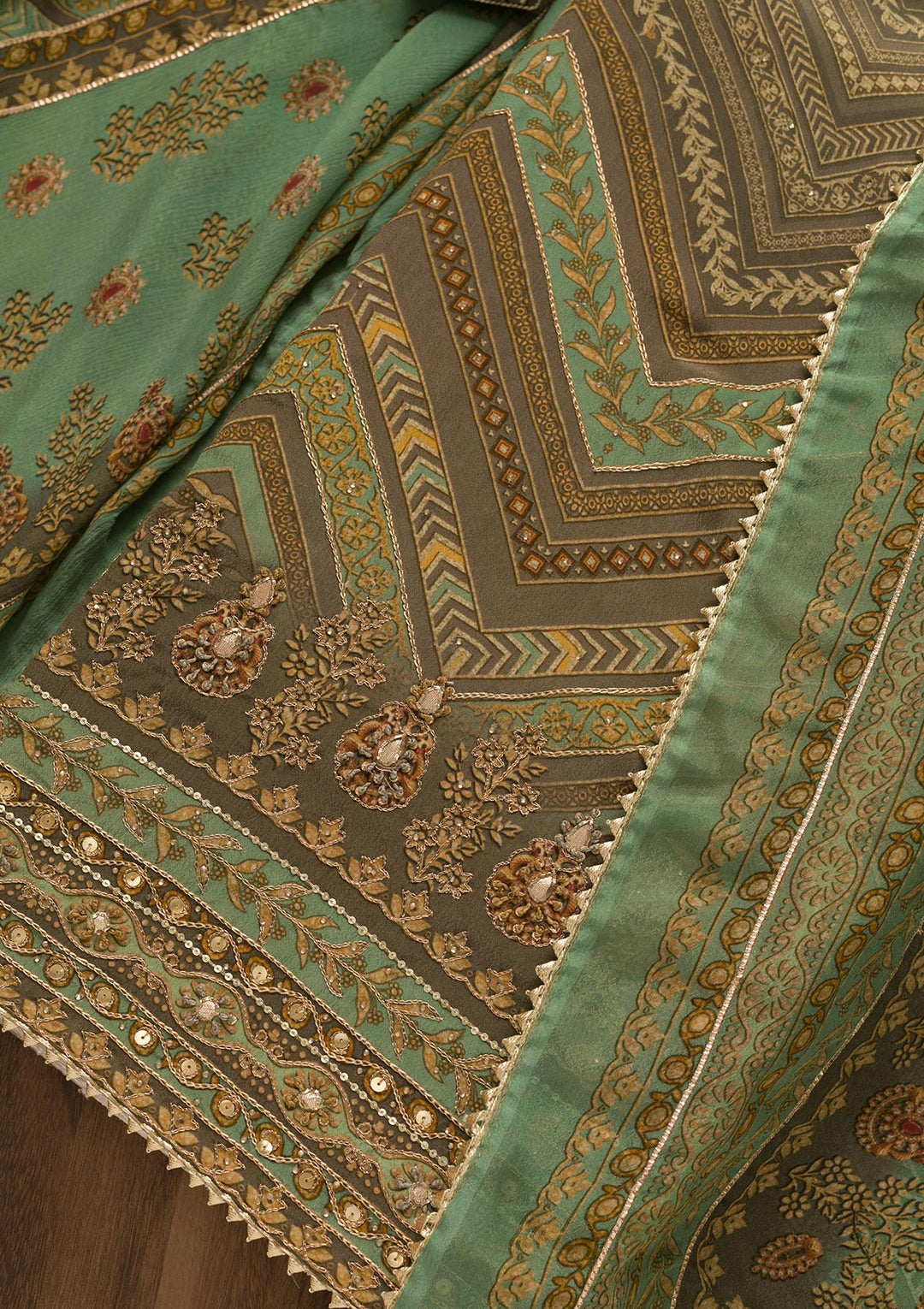 Sea Green Printed Crepe Unstitched Salwar Suit