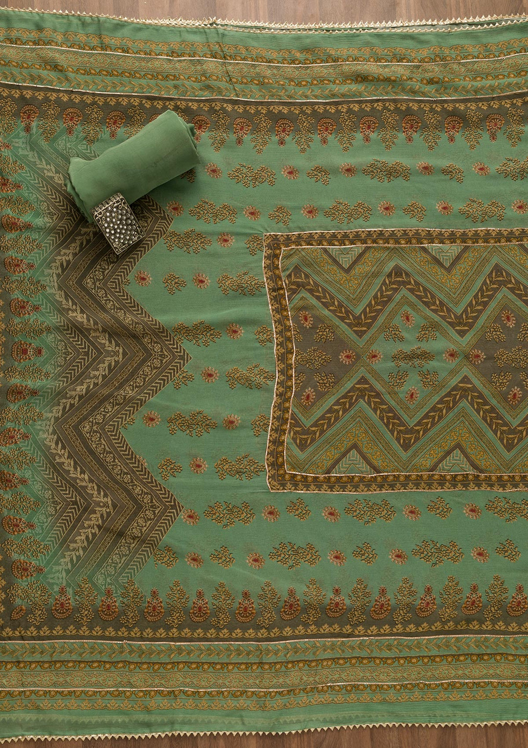 Sea Green Printed Crepe Unstitched Salwar Suit