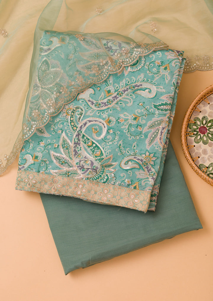 Sea Green Printed Semi Crepe Unstitched Salwar Suit