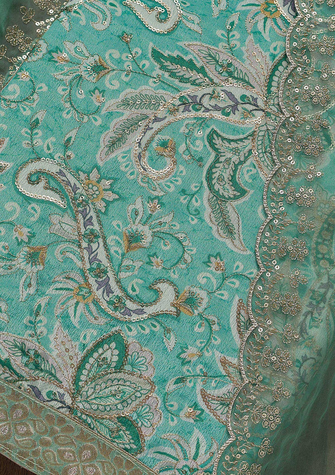 Sea Green Printed Semi Crepe Unstitched Salwar Suit