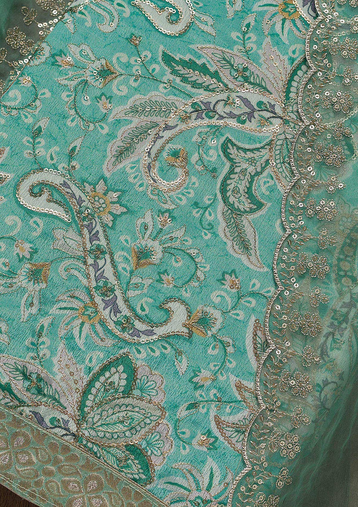 Sea Green Printed Semi Crepe Unstitched Salwar Suit