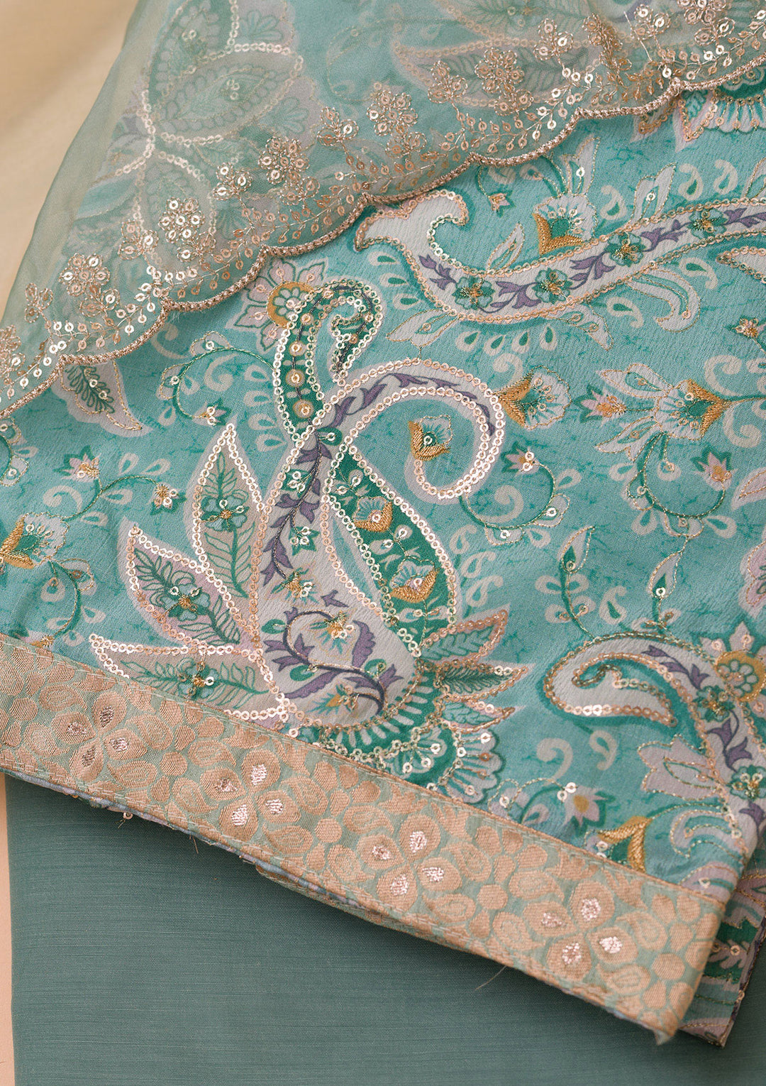 Sea Green Printed Semi Crepe Unstitched Salwar Suit