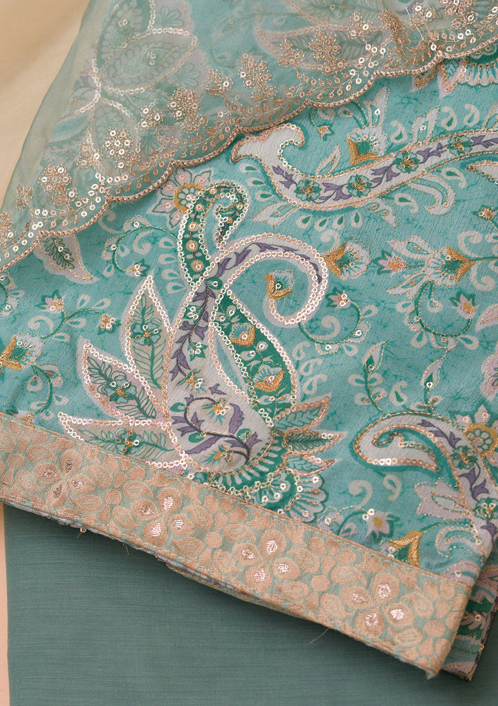 Sea Green Printed Semi Crepe Unstitched Salwar Suit