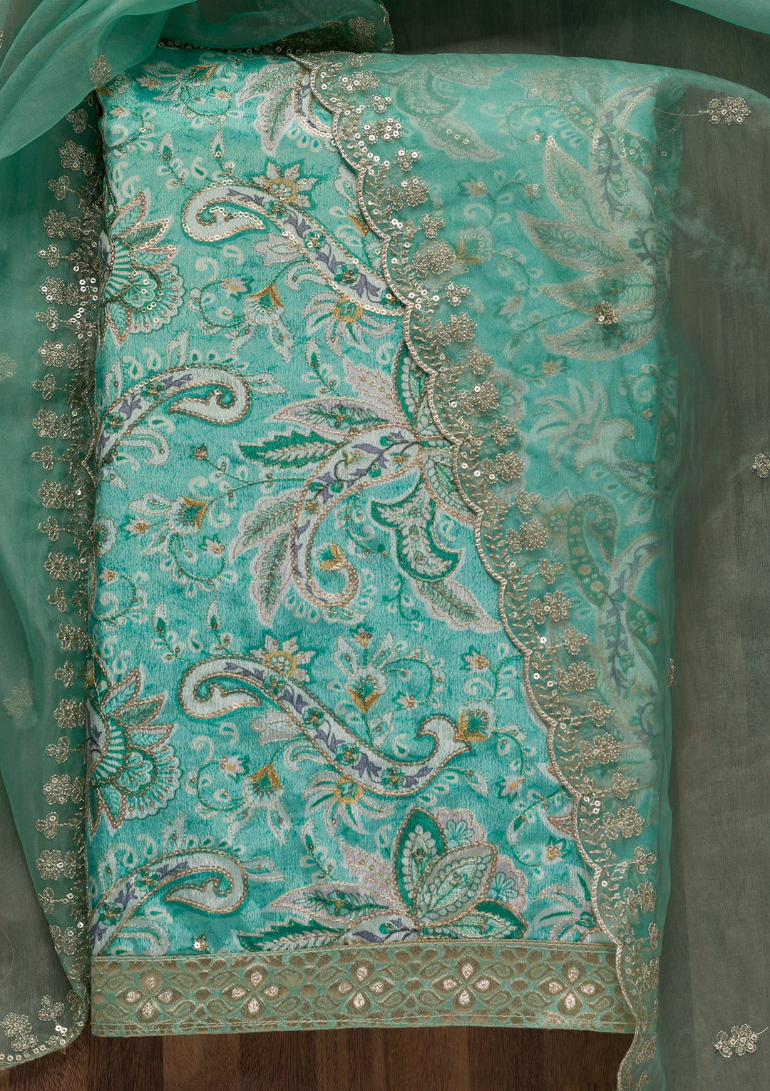 Sea Green Printed Semi Crepe Unstitched Salwar Suit