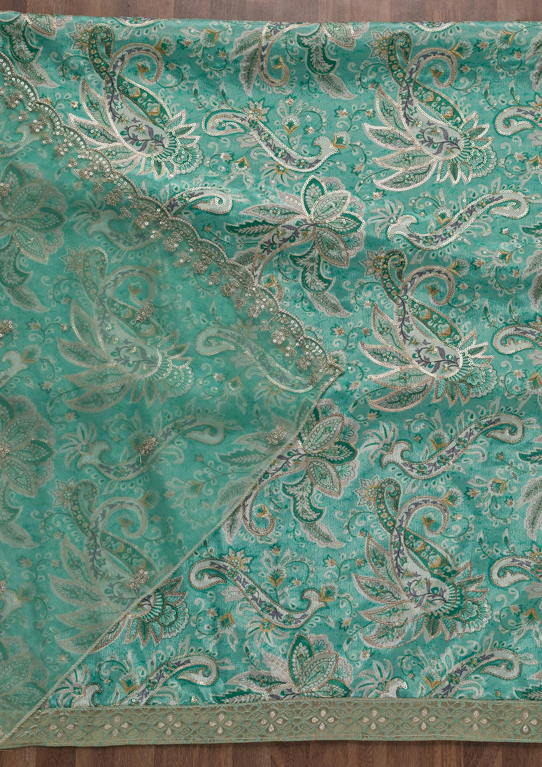 Sea Green Printed Semi Crepe Unstitched Salwar Suit