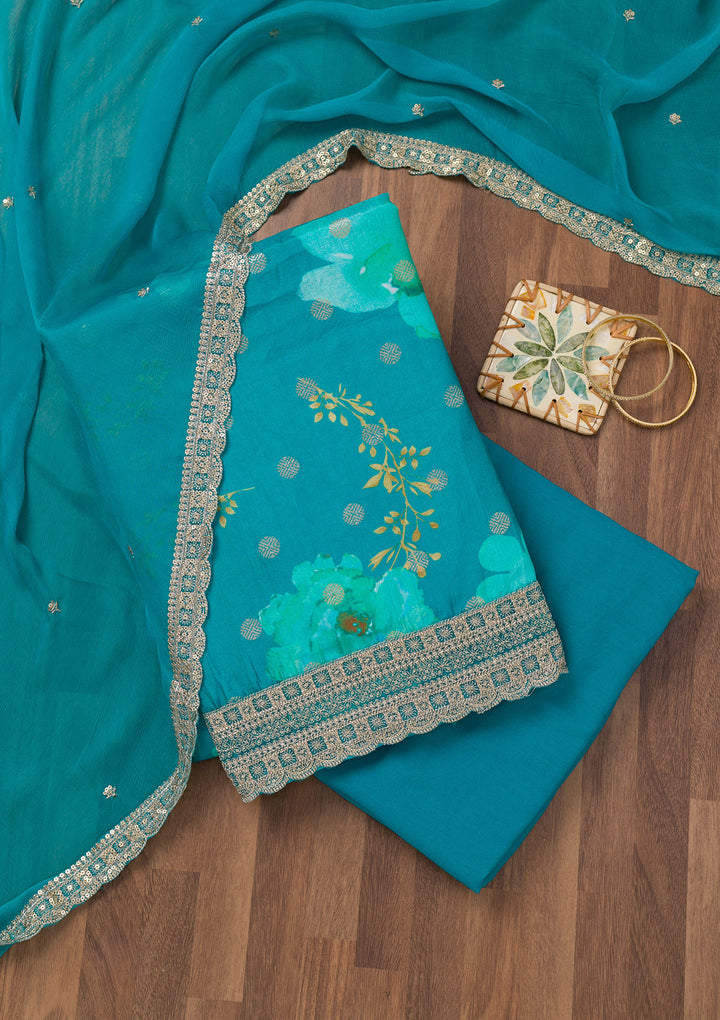 Sea Green Printed Semi Crepe Unstitched Salwar Suit