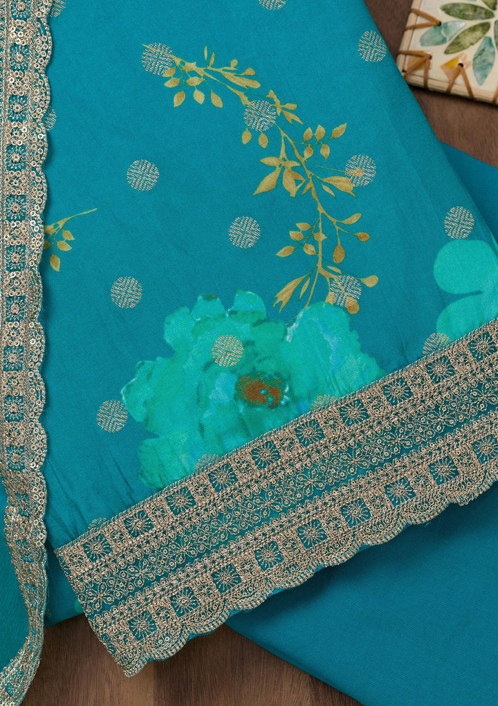 Sea Green Printed Semi Crepe Unstitched Salwar Suit